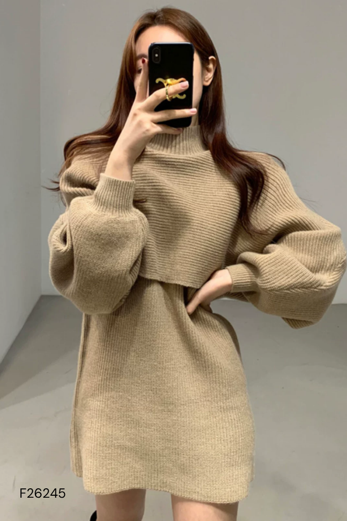 Set áo len nâu cổ cao