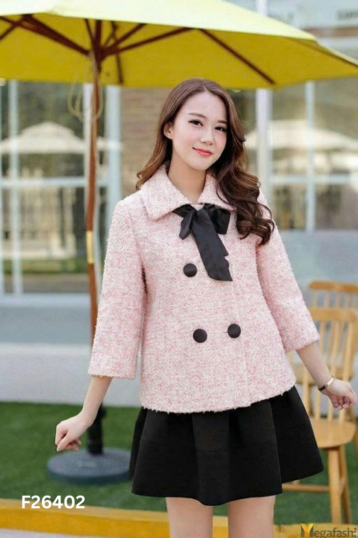 Áo dạ hồng nơ đen
