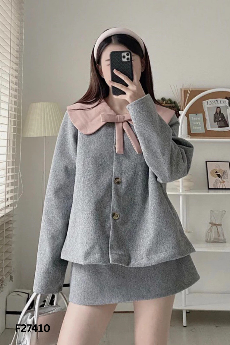 Set áo + chân váy dạ xám trơn