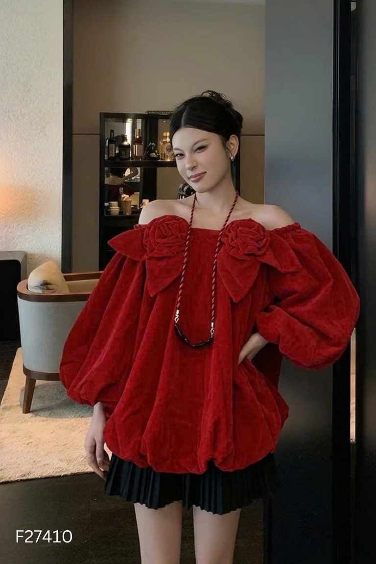 Set áo + quần shorts nhung đỏ
