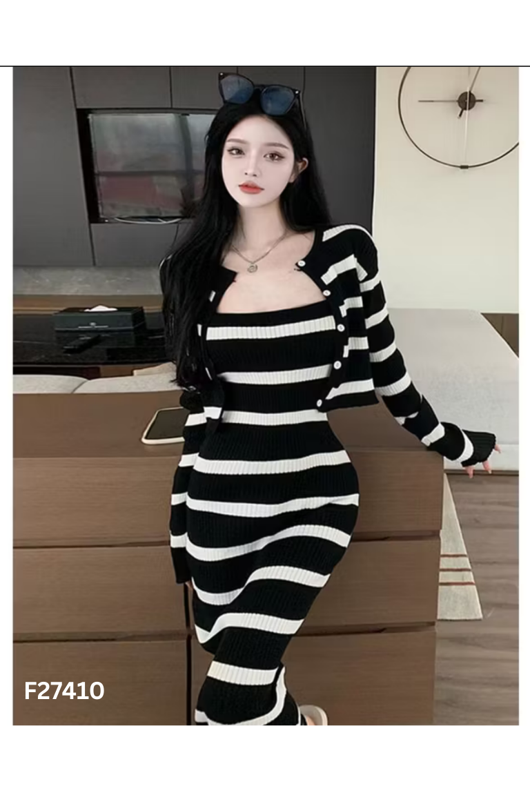 Set áo khoác + váy len đen trắng