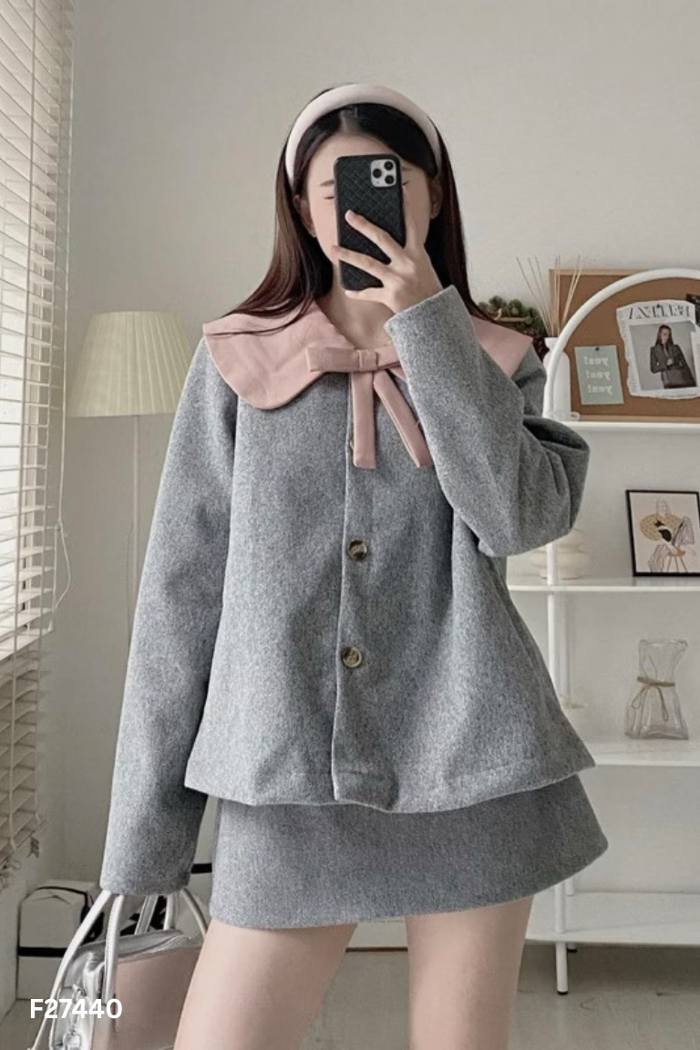 Set Áo dạ xám phối cổ hồng + Chân váy
