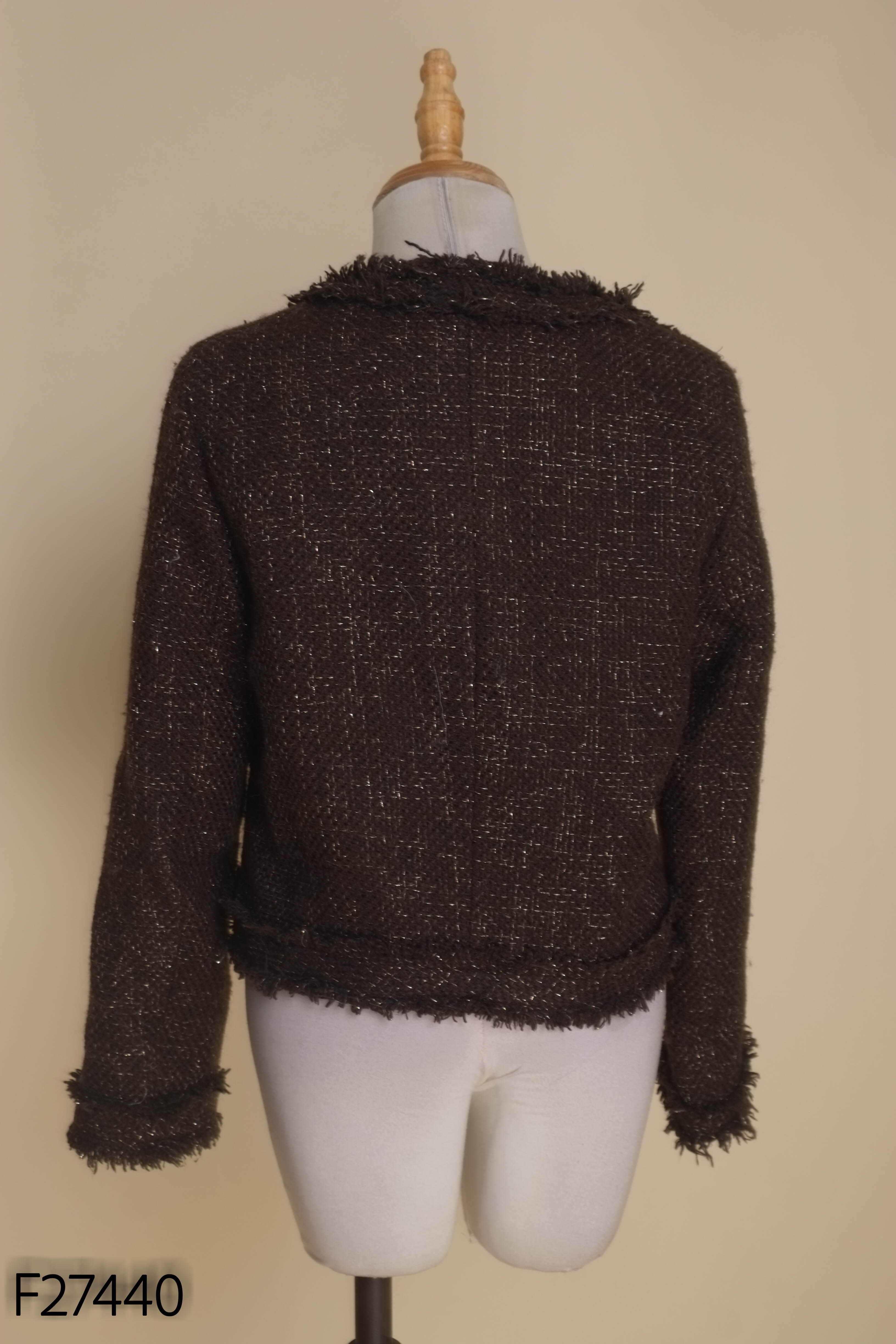 Áo dạ tweed len nâu viền rua