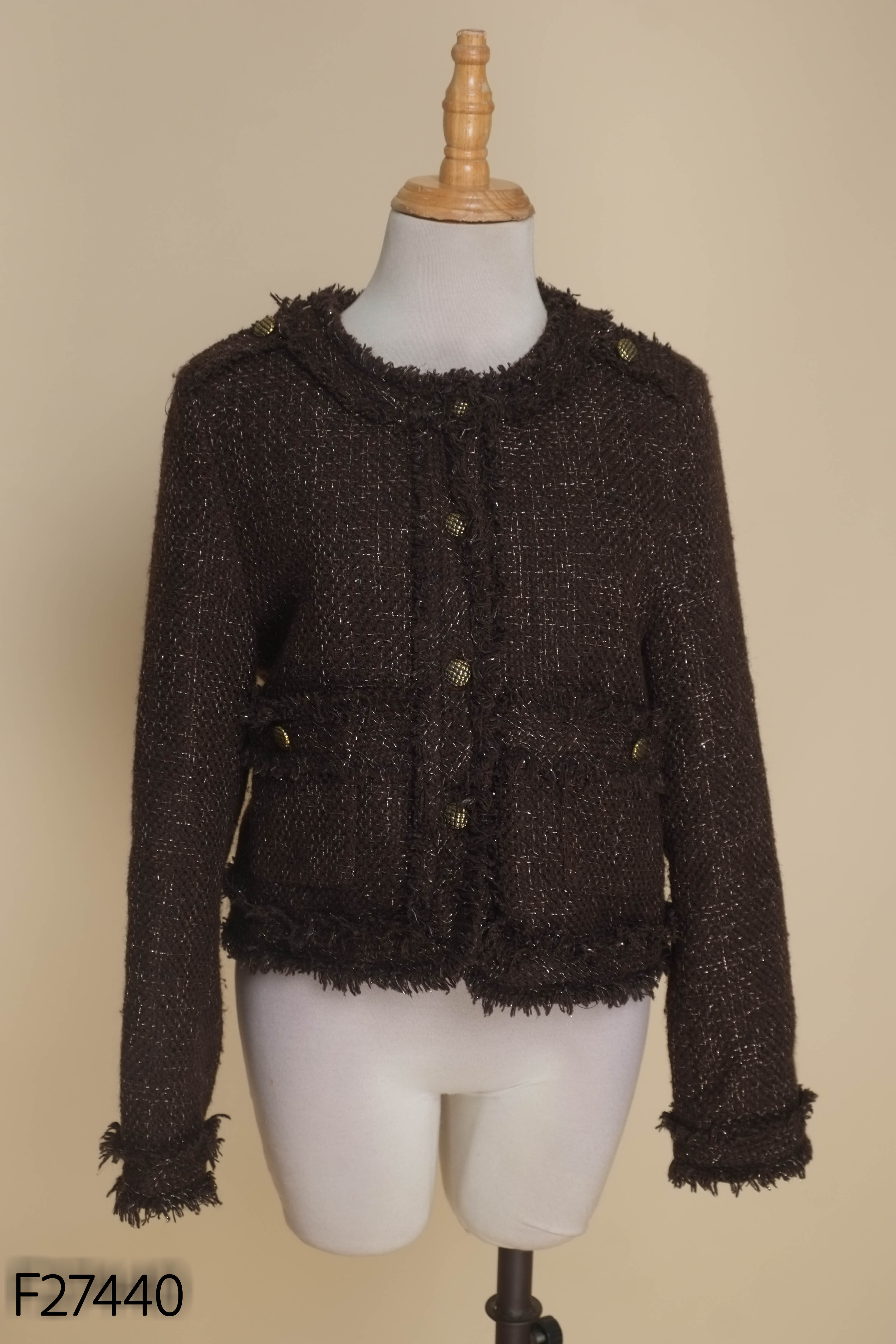 Áo dạ tweed len nâu viền rua