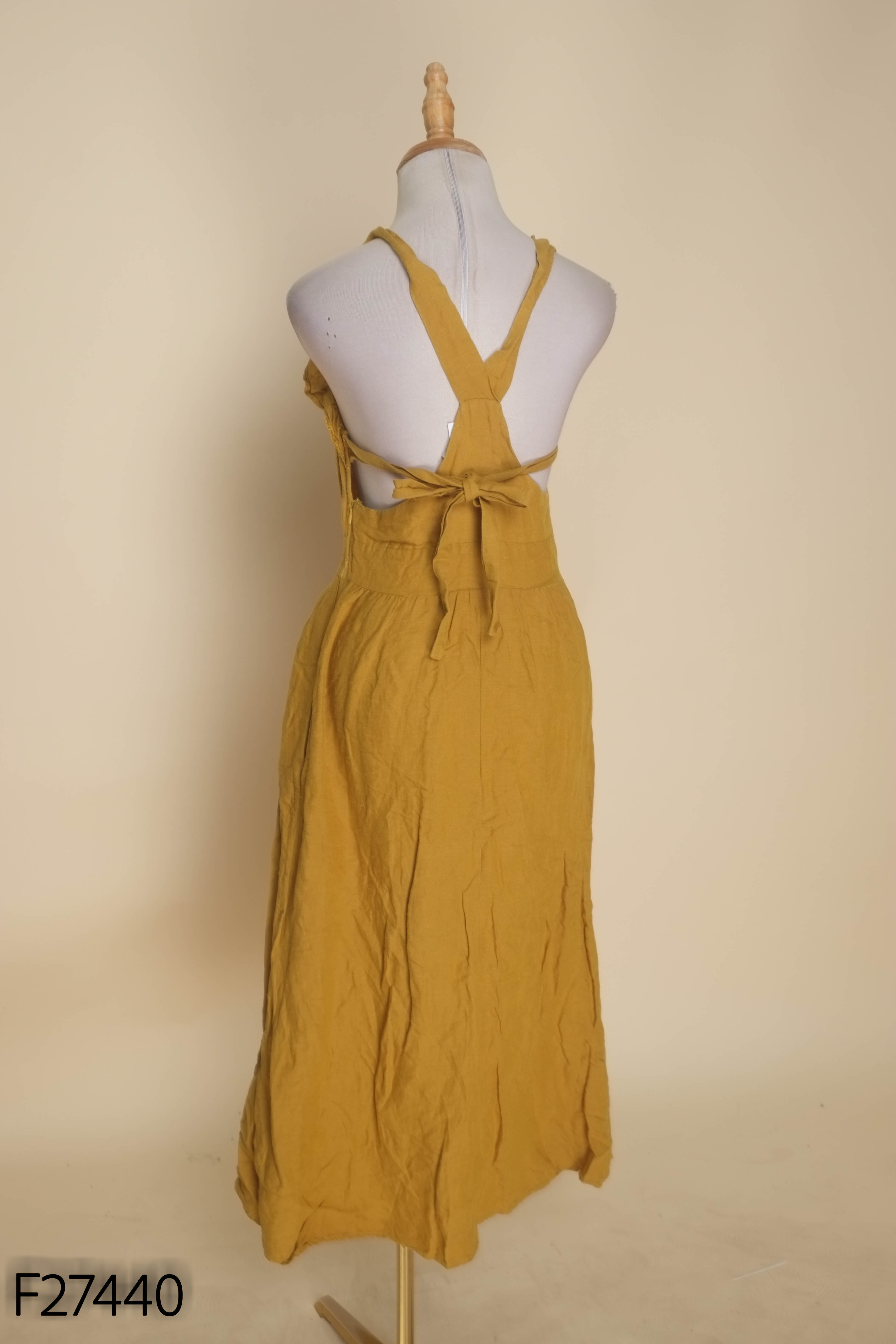 Váy linen vàng nâu ZARA dây cổ chéo