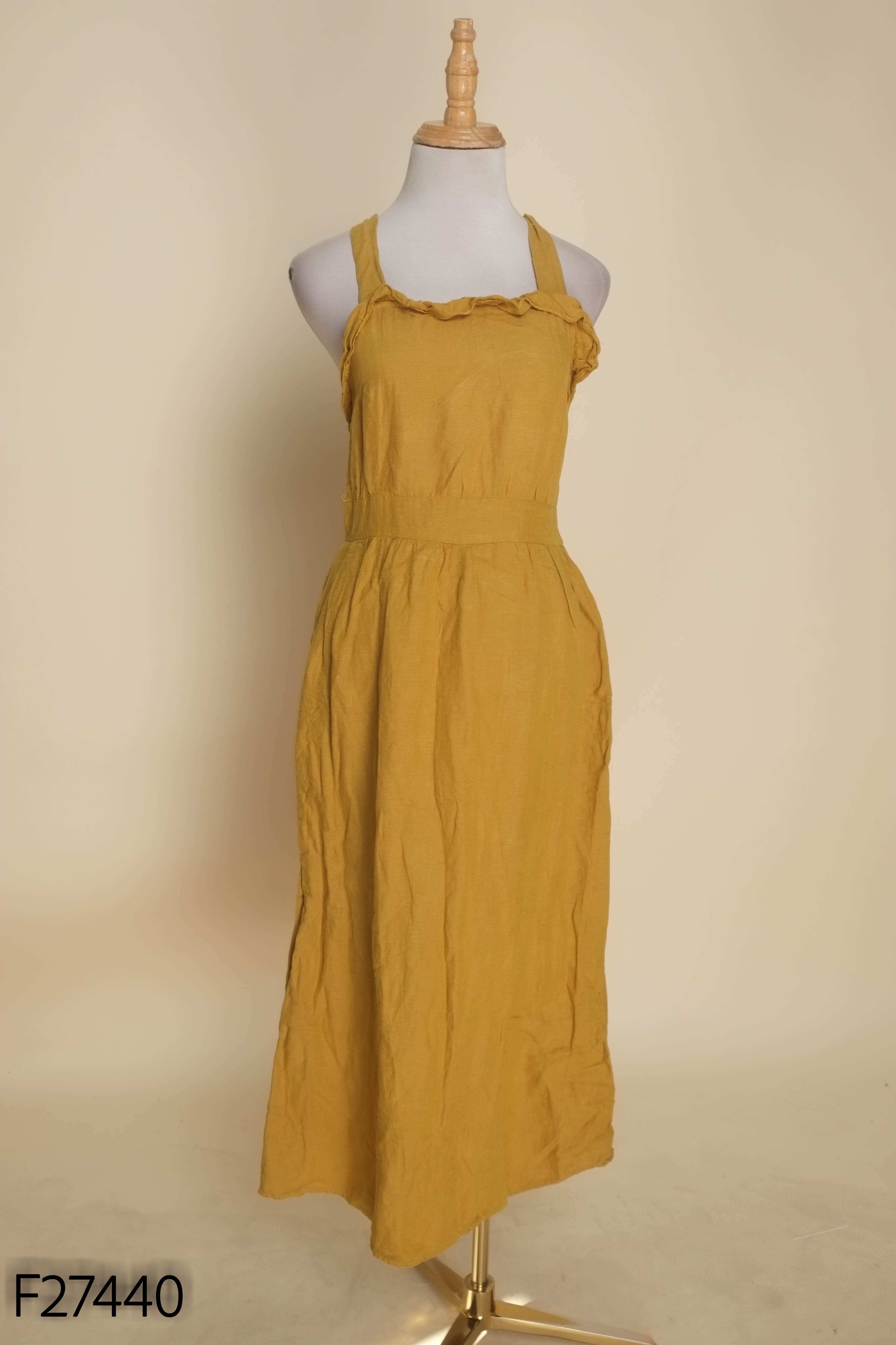 Váy linen vàng nâu ZARA dây cổ chéo