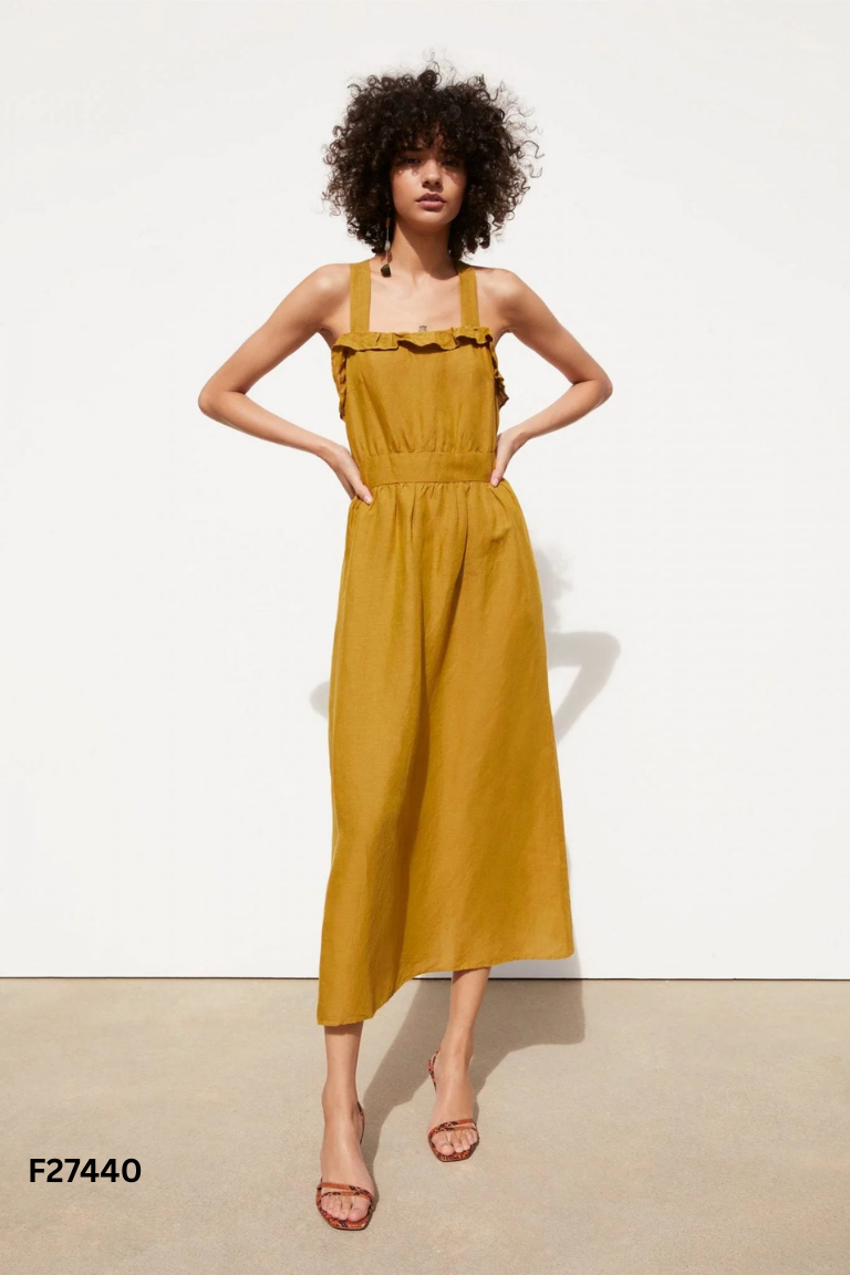 Váy linen vàng nâu ZARA dây cổ chéo