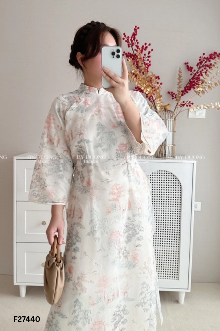 Set Áo dài voan trắng họa tiết + Quần hồng