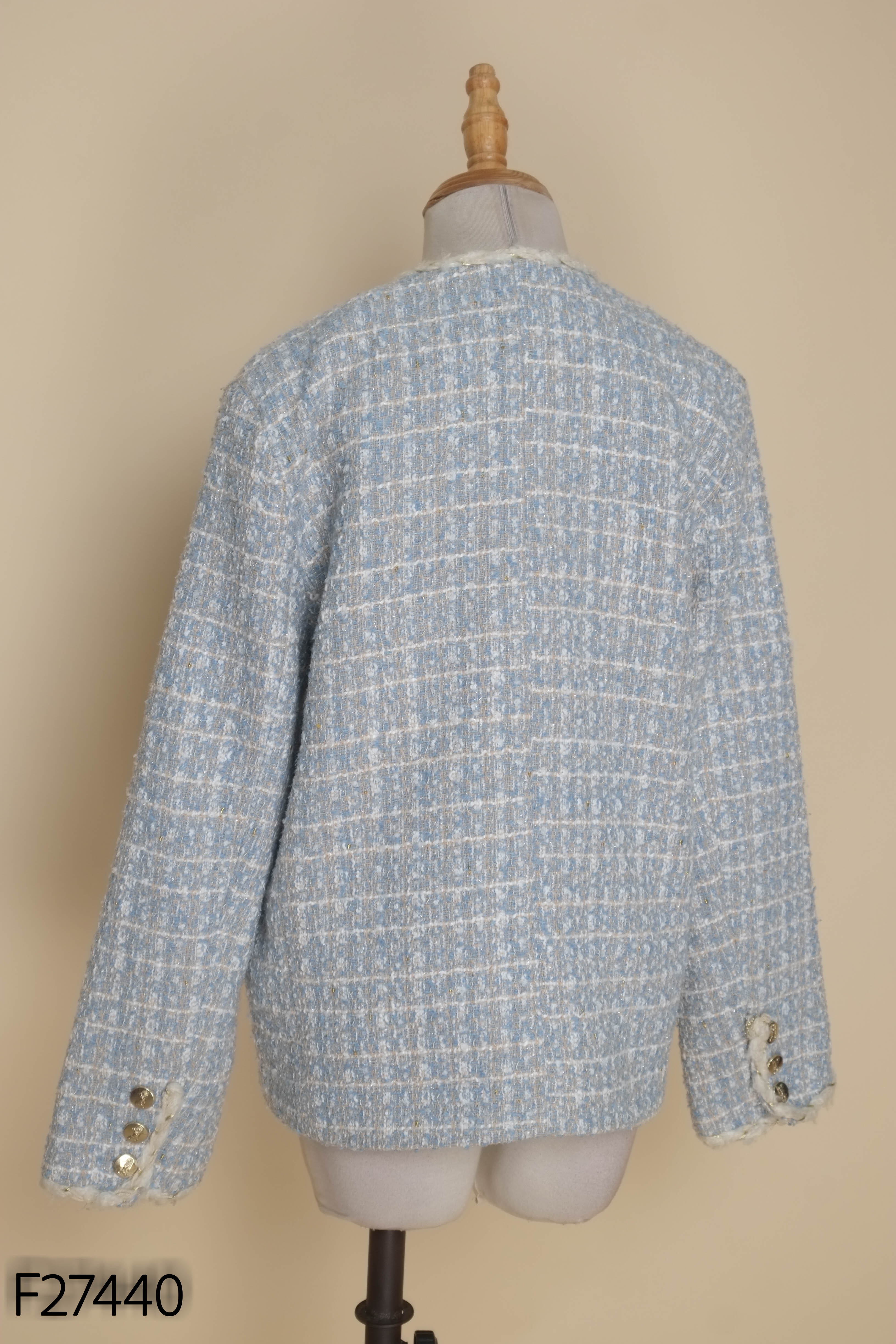 Áo dạ tweed len xanh phối cúc vàng