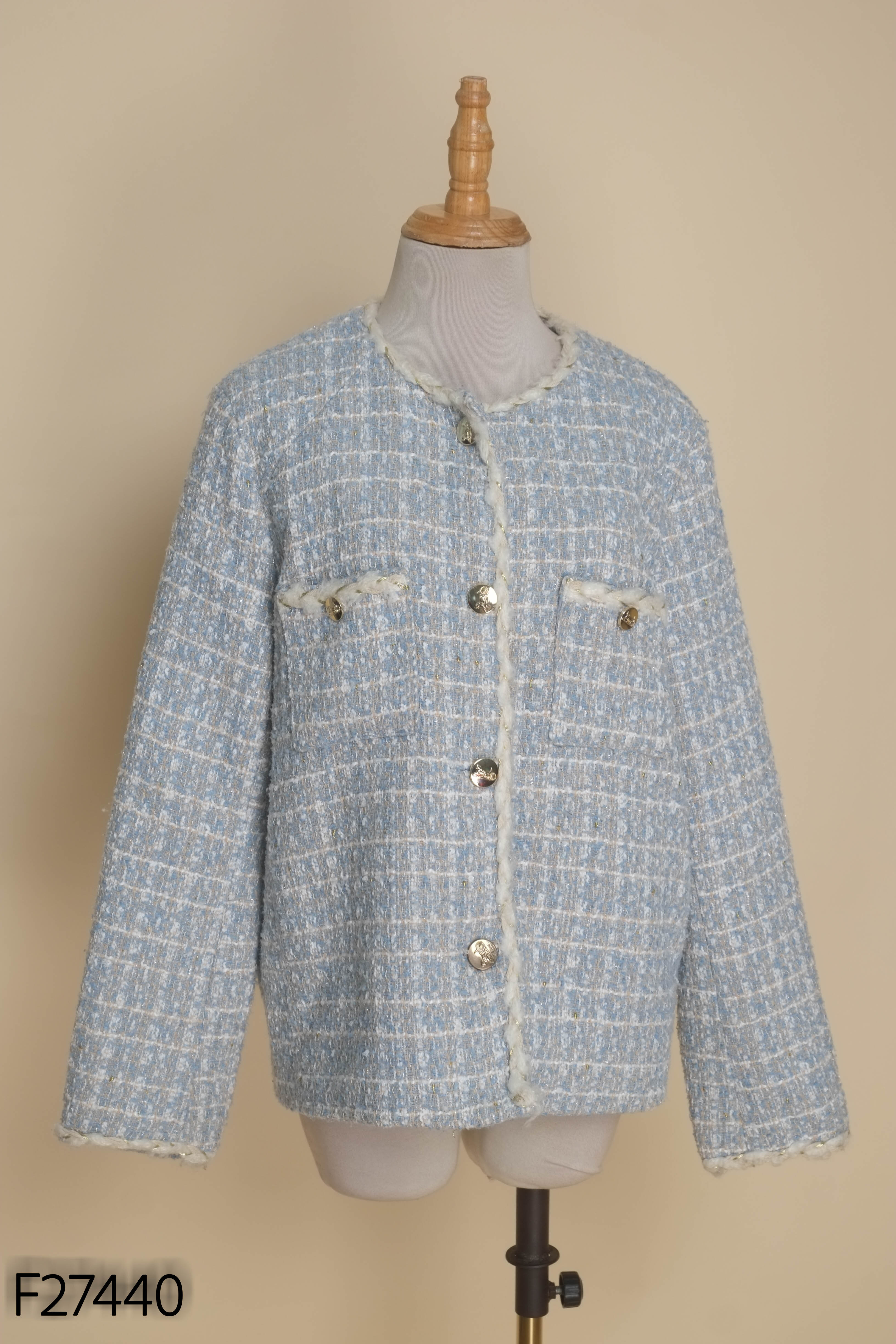 Áo dạ tweed len xanh phối cúc vàng