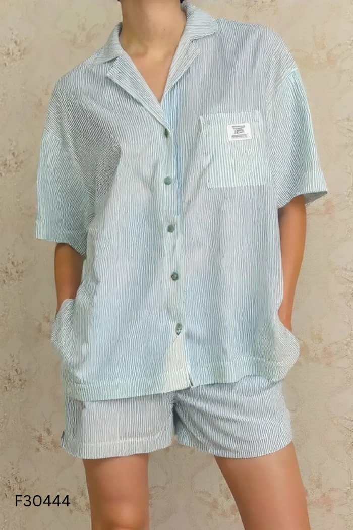 SET áo sơ mi SHEIN xanh sọc trắng + quần xanh sọc trắng