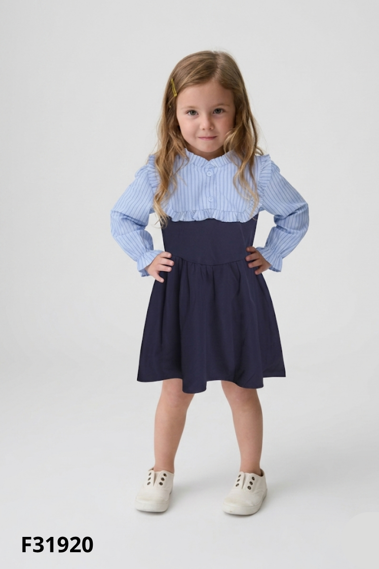 Váy xanh than phối sọc viền bèo KIDS