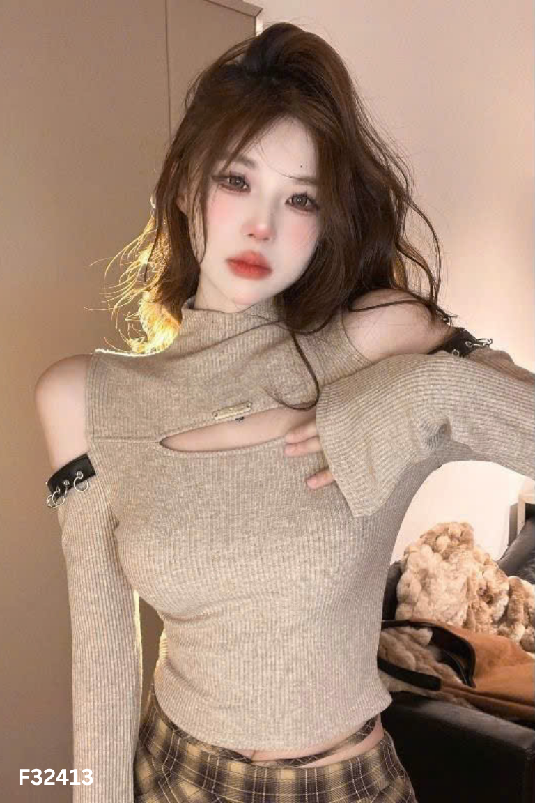NEWTAG Áo len nâu hở vai phối xích