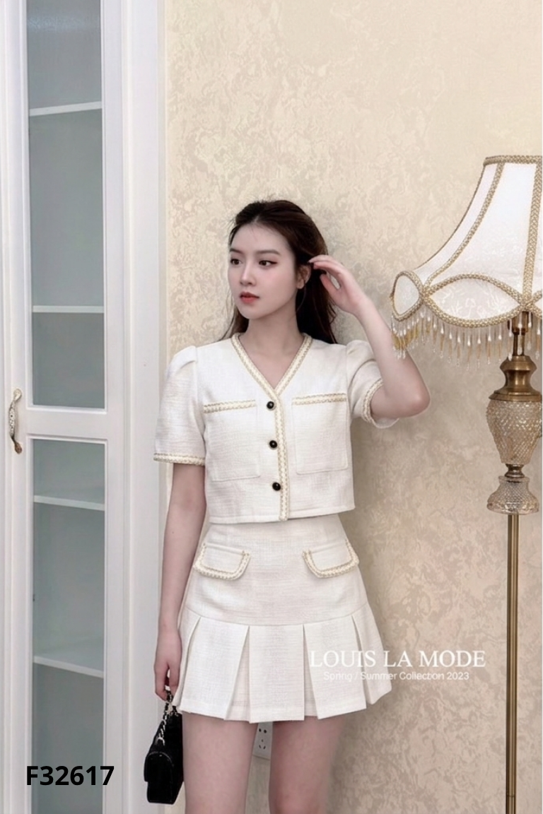 Set Áo linen trắng viền kem + Chân váy