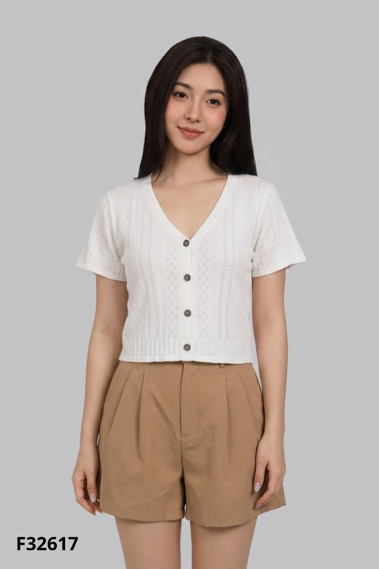Set Áo cardigan trắng ren + Quần short nâu