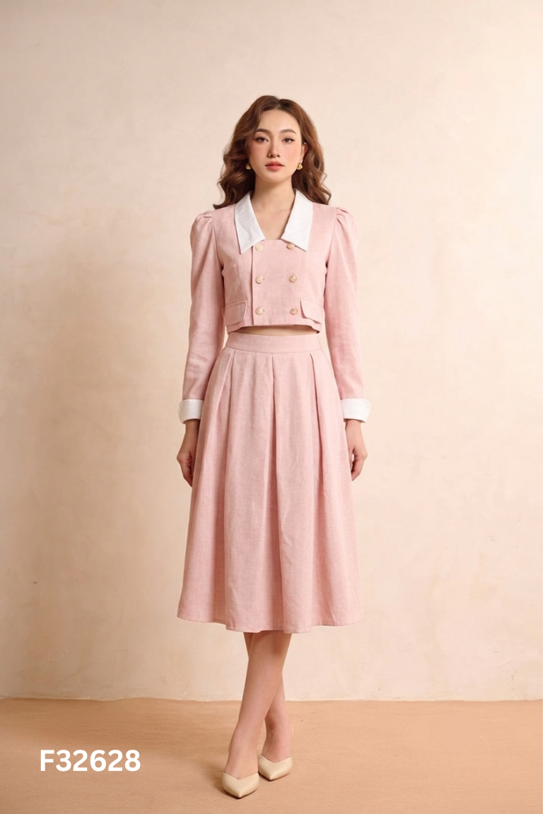 Set Áo hồng LEO'S WEARING cổ trắng cúc ngọc + chân váy