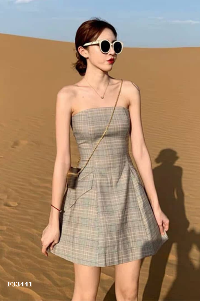 NEWTAG Váy quây nâu kẻ caro