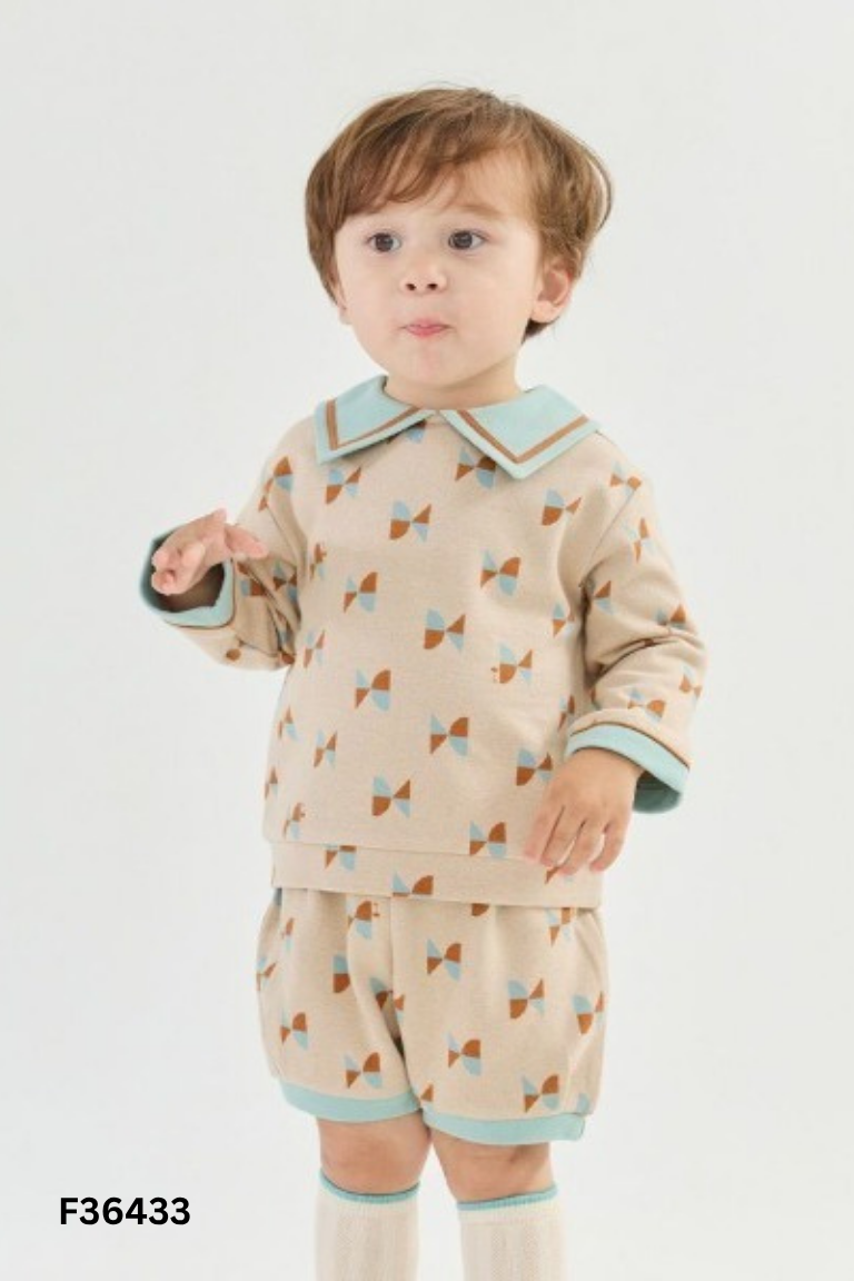 Set áo be cổ xanh + quần be họa tiết kids
