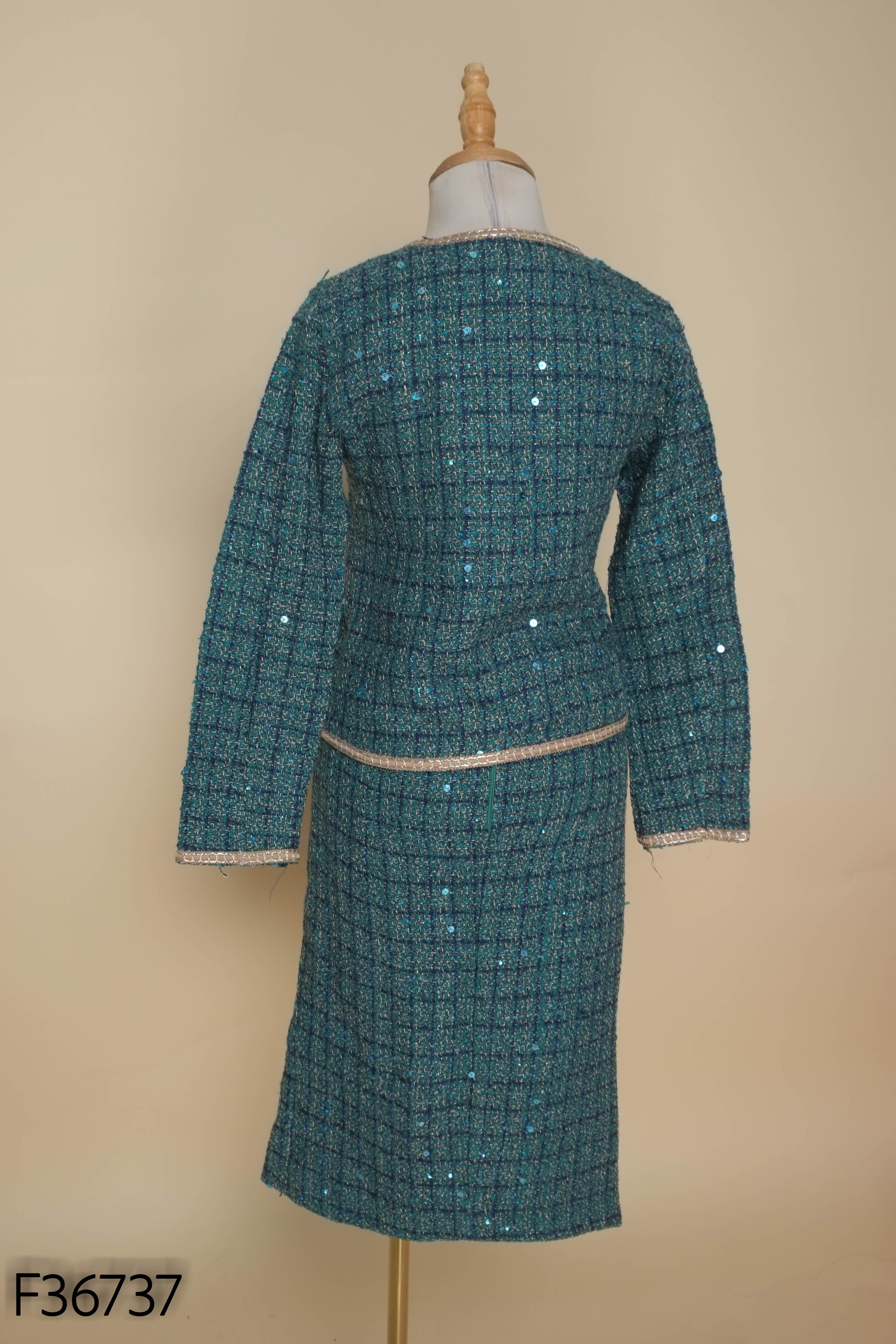 NEWTAG Set áo blazer + chân váy dạ xanh caro
