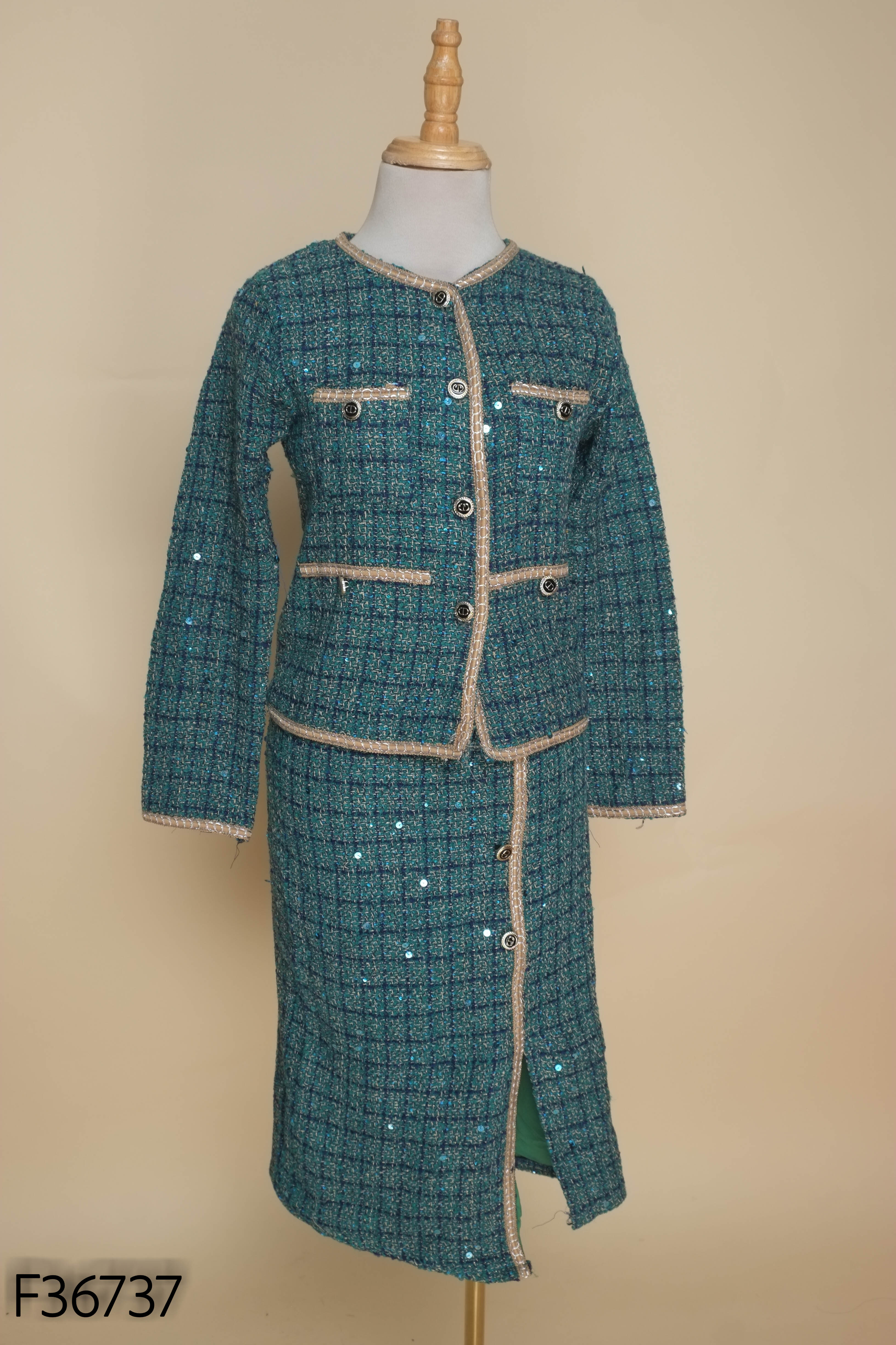 NEWTAG Set áo blazer + chân váy dạ xanh caro