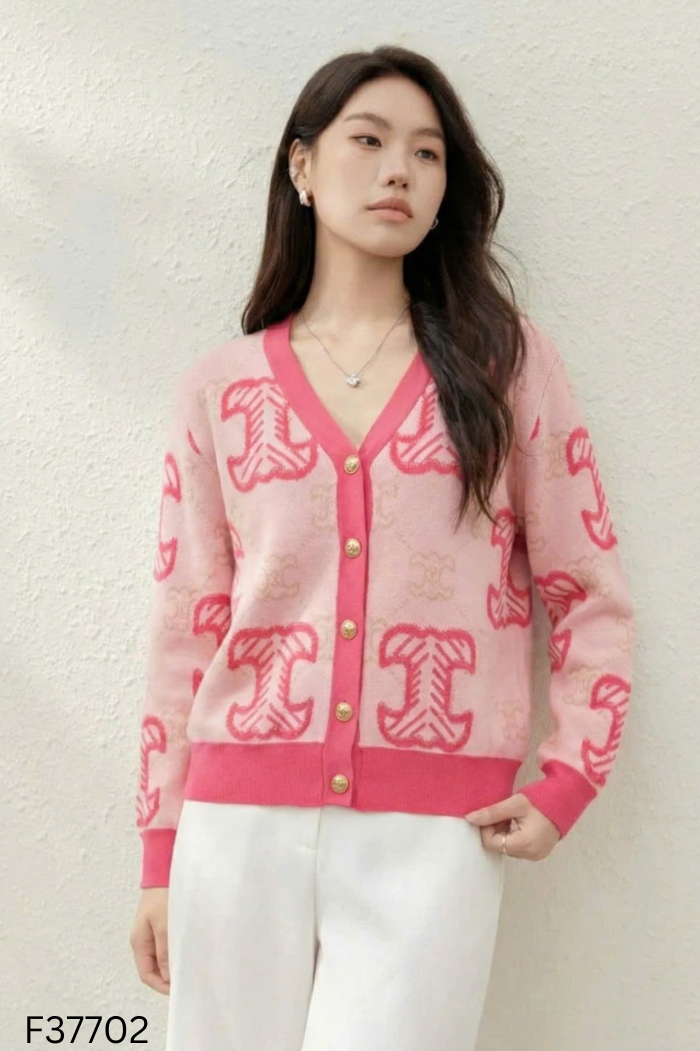 Áo len cardigan hồng phối họa tiết