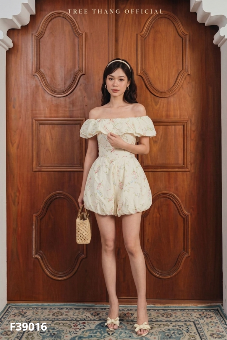 Jumpsuits linen vàng hoa trễ vai