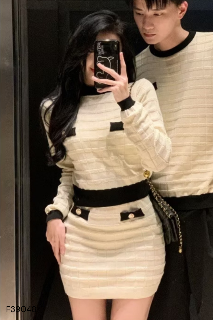 Set áo len kem viền đen + chân váy