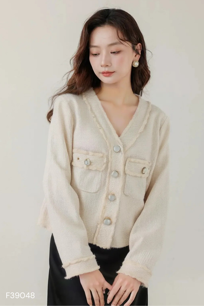 Áo khoác dạ tweed kem phối viền tua rua