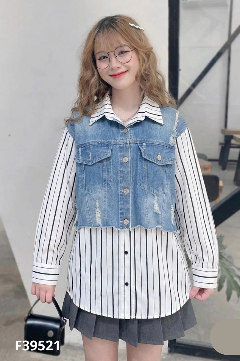 Áo jeans xanh phối trắng sọc