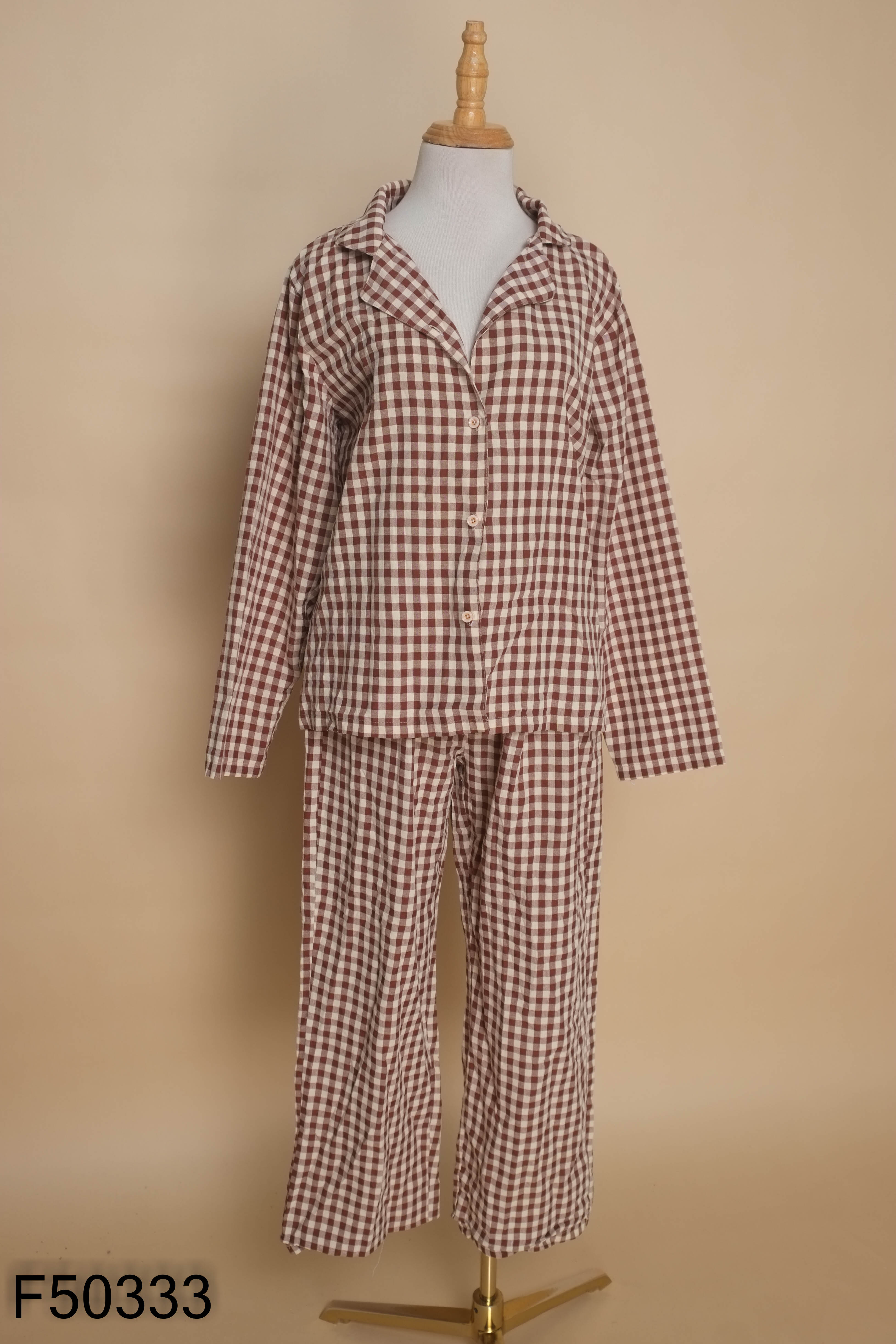 Set áo + quần dài nâu caro be