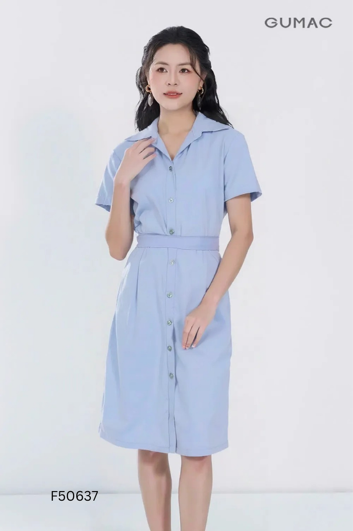 Váy xanh GUMAC cổ sơ mi kèm đai