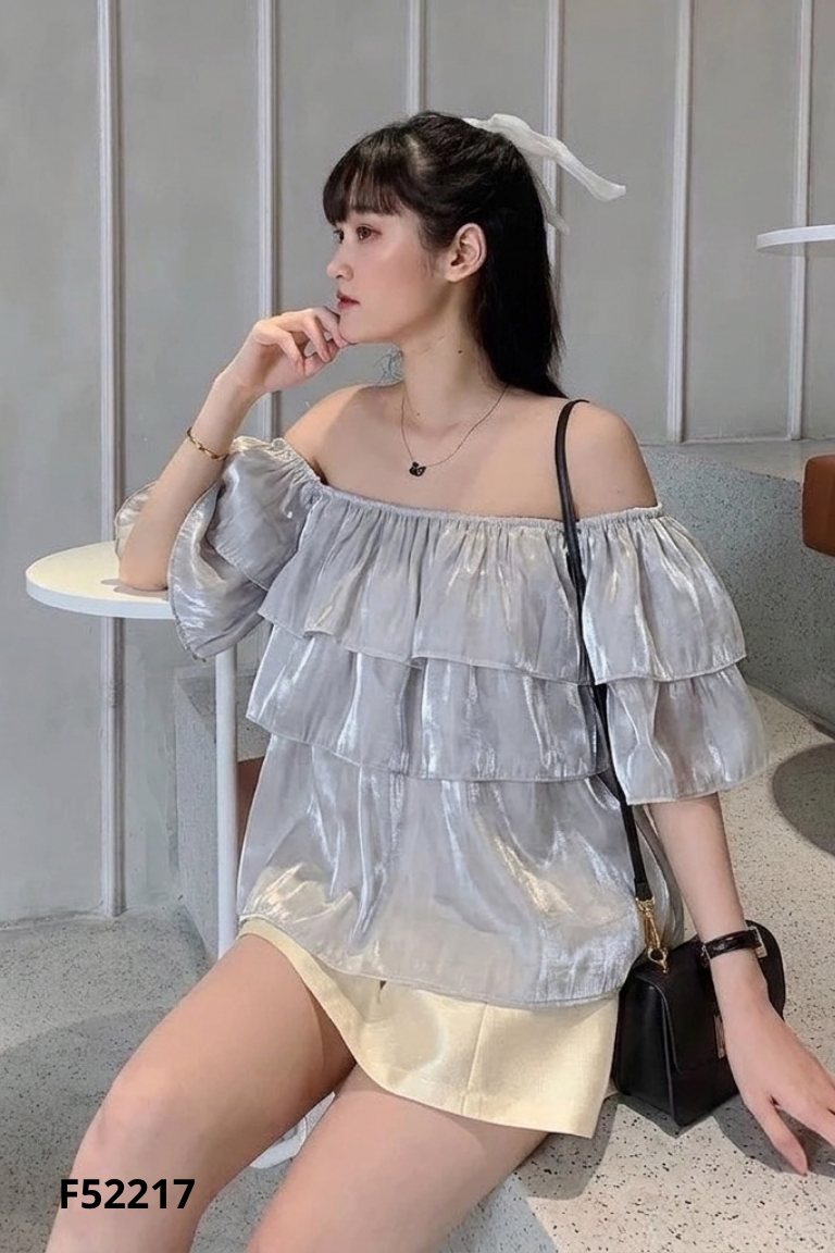 Áo QP organza trễ vai xám