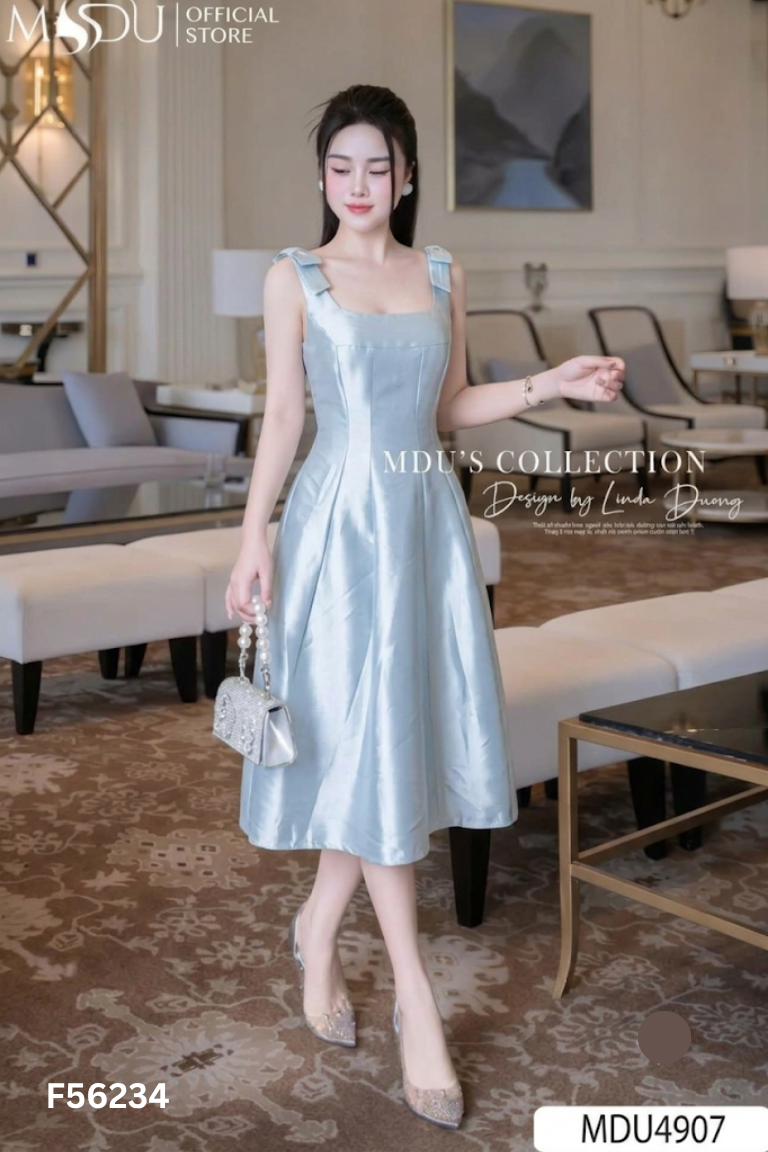 NEWTAG Váy taffta xanh phối nơ