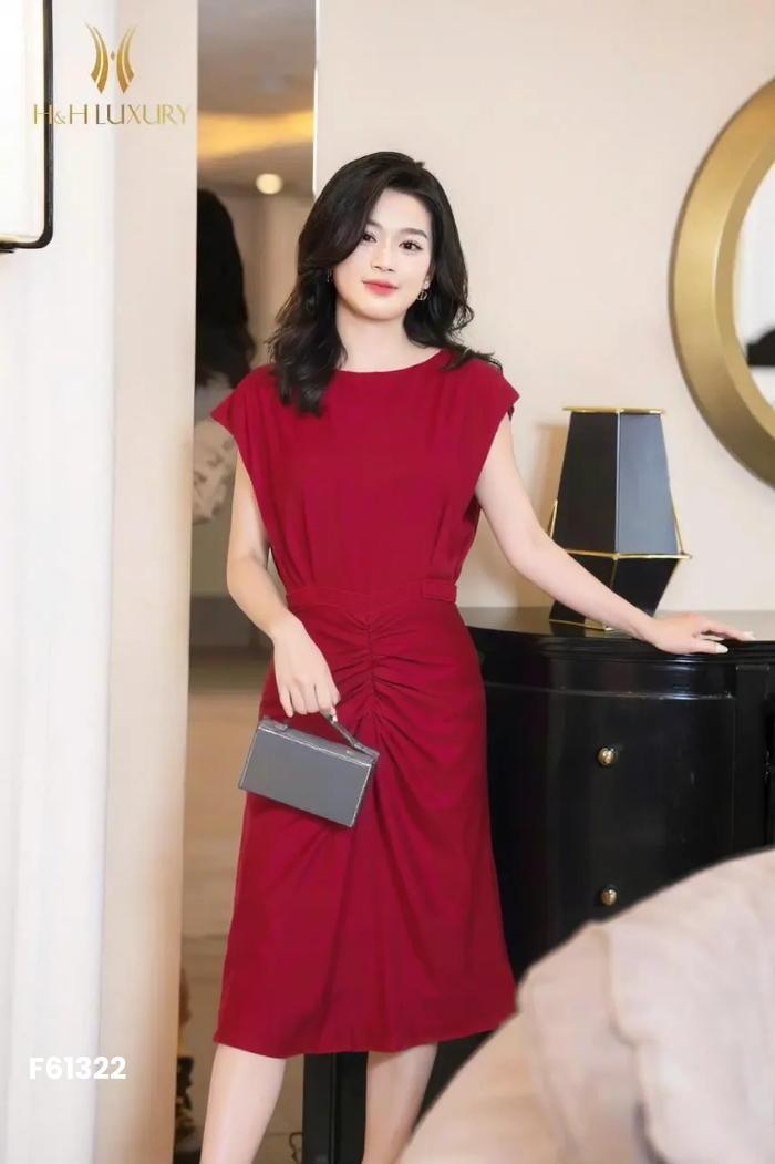 Váy đỏ HH LUXURY dúm eo