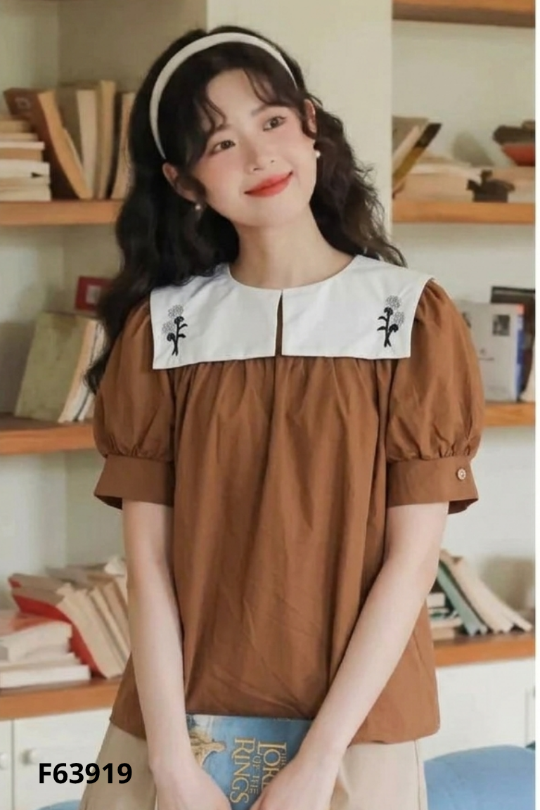 Áo nâu cổ trắng