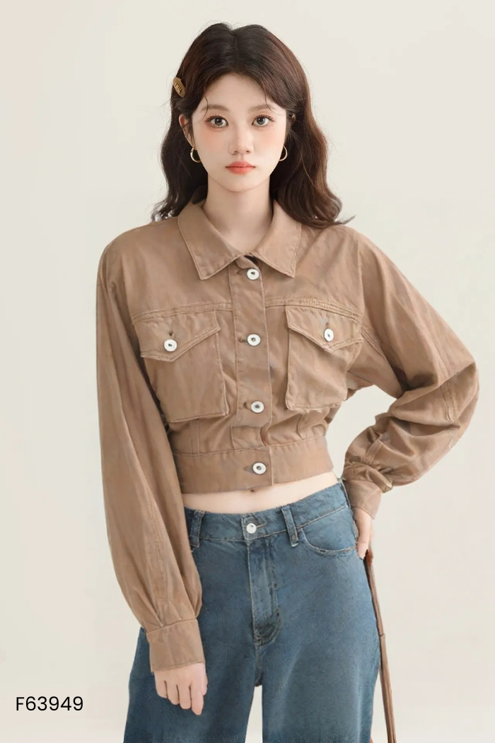 NEWTAG Áo jeans rêu dáng ngắn