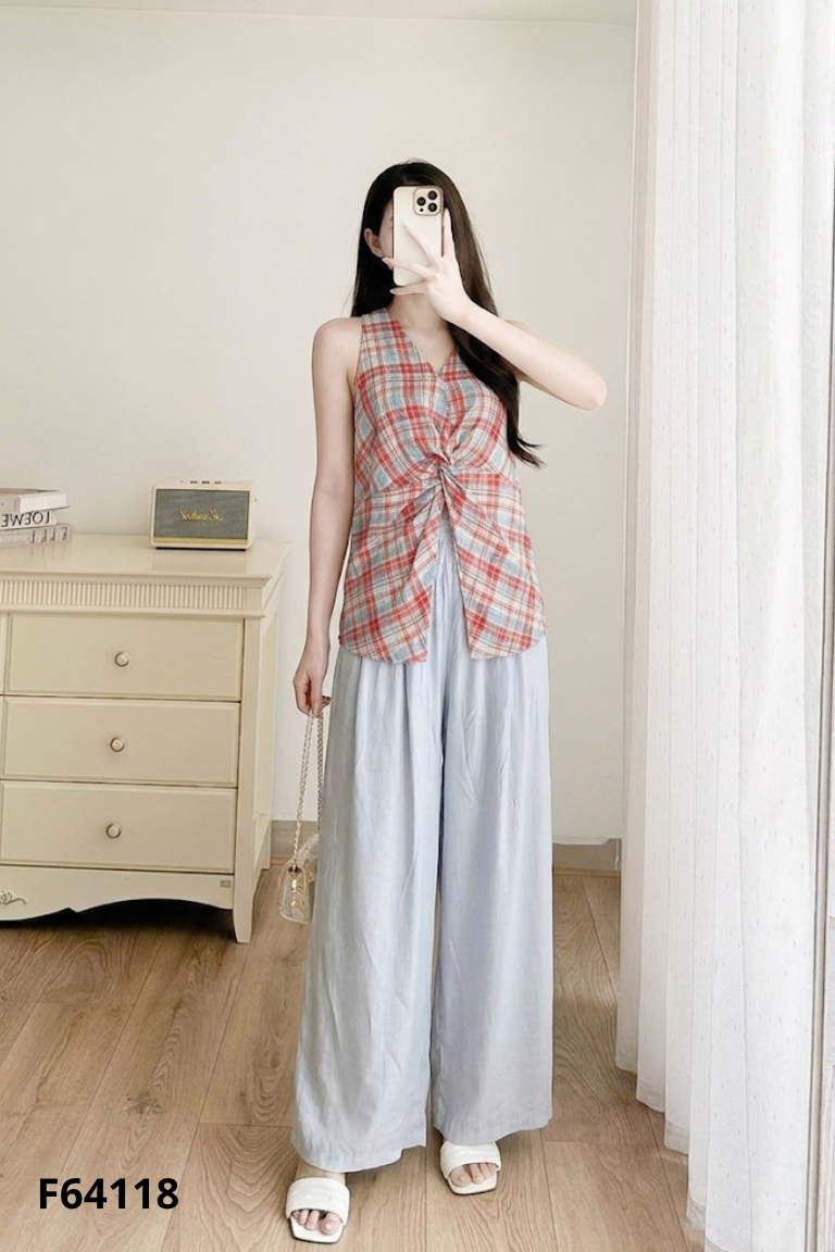 SET áo 3 lỗ đỏ kẻ xoăn ngực+ quần