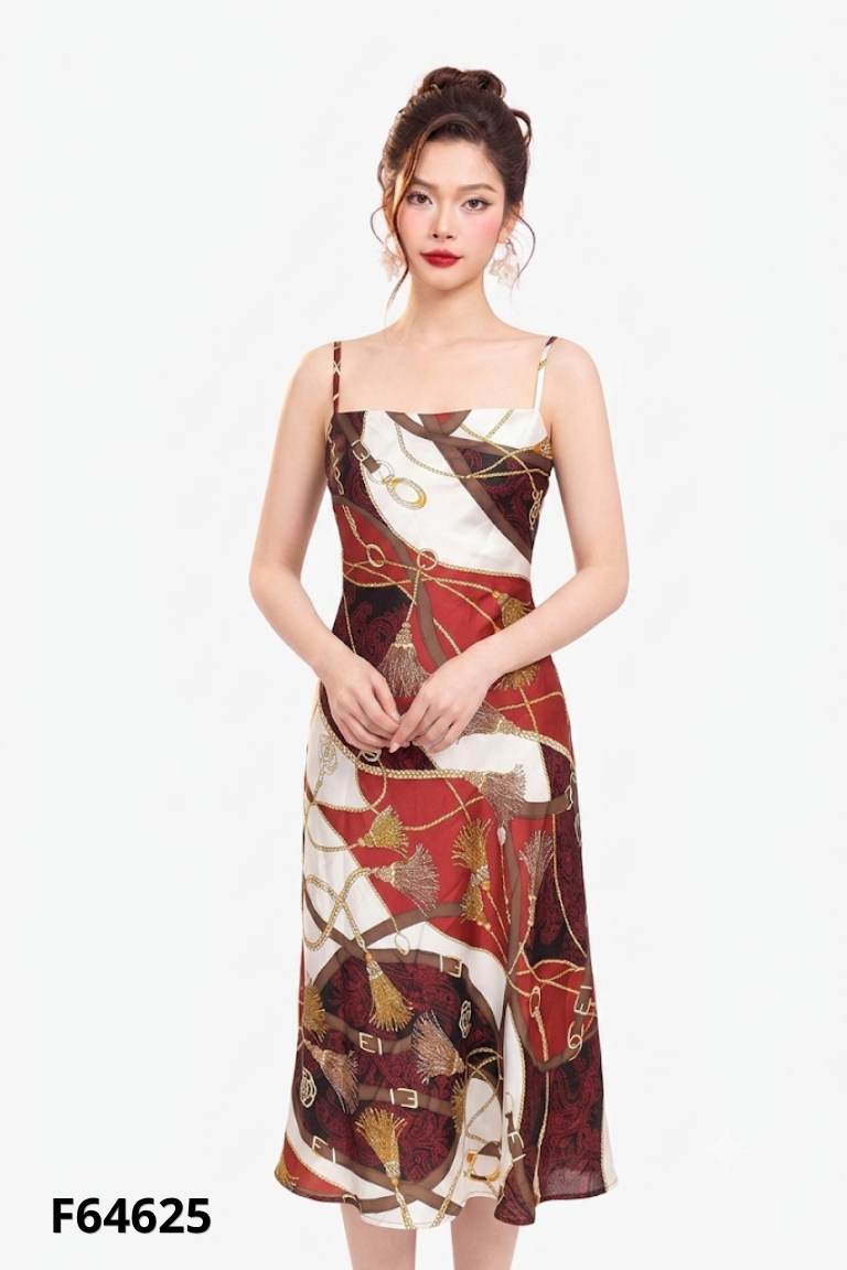 Váy nâu hai dây họa tiết