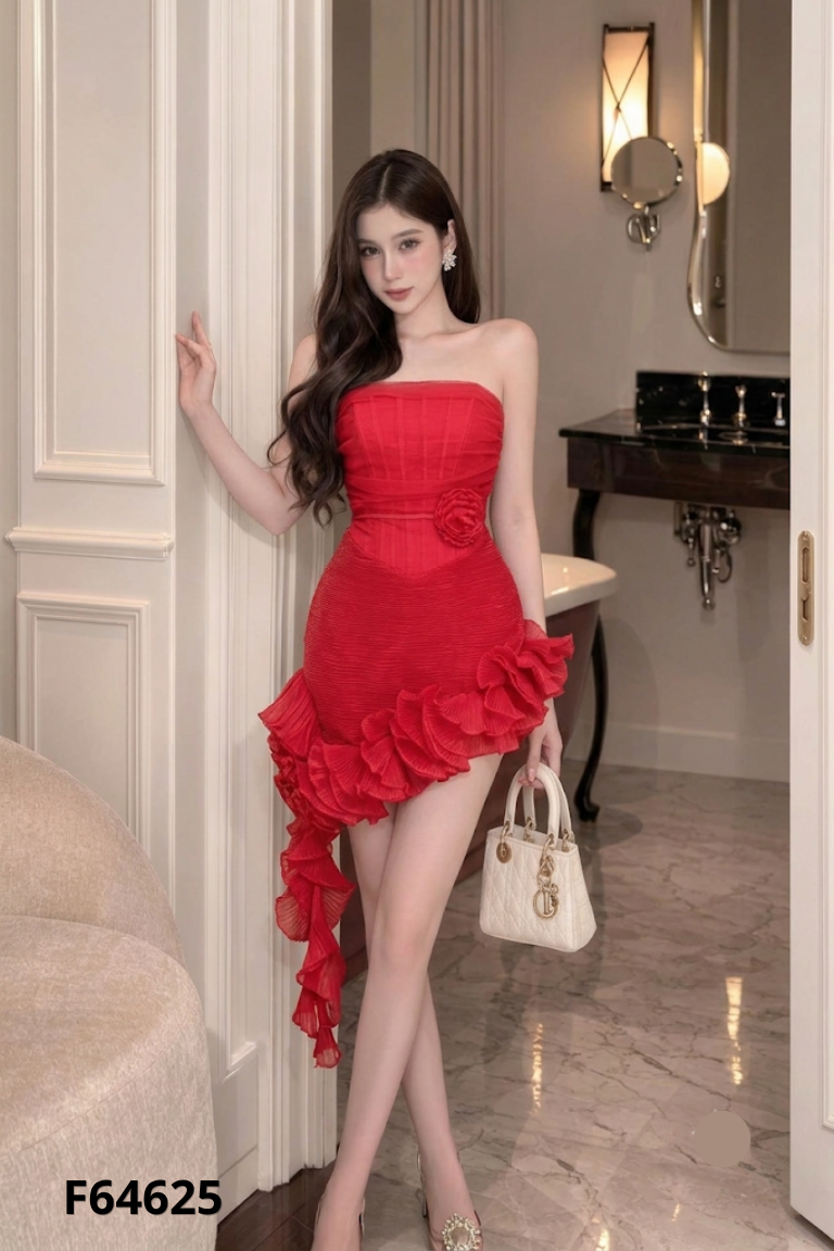 Váy đỏ cúp phối lưới