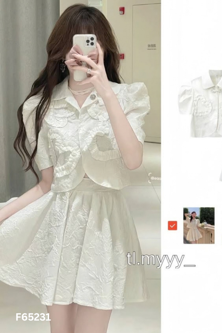 Set áo sơ mi be tay bồng + chân váy