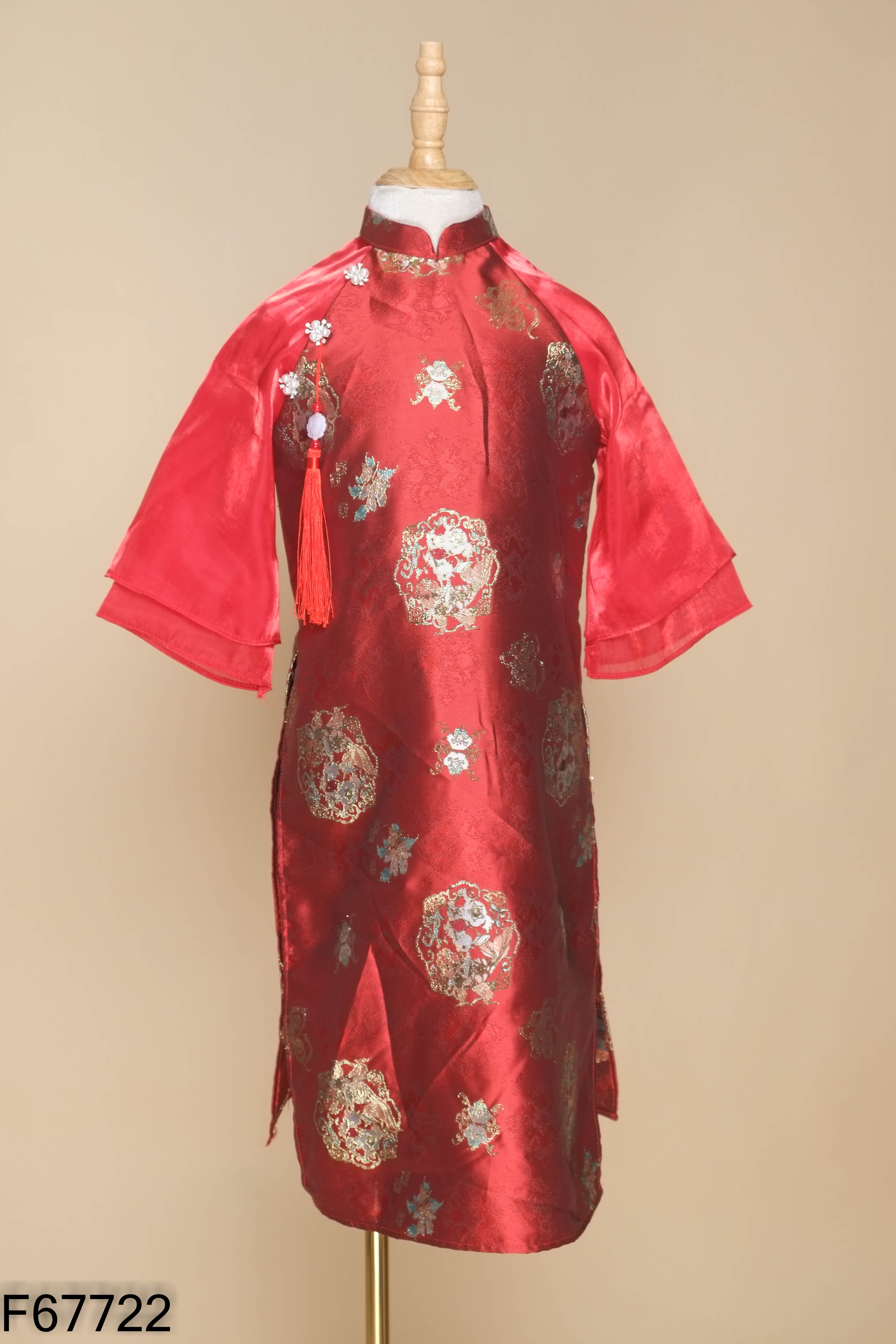 Áo dài đỏ tay phối voan