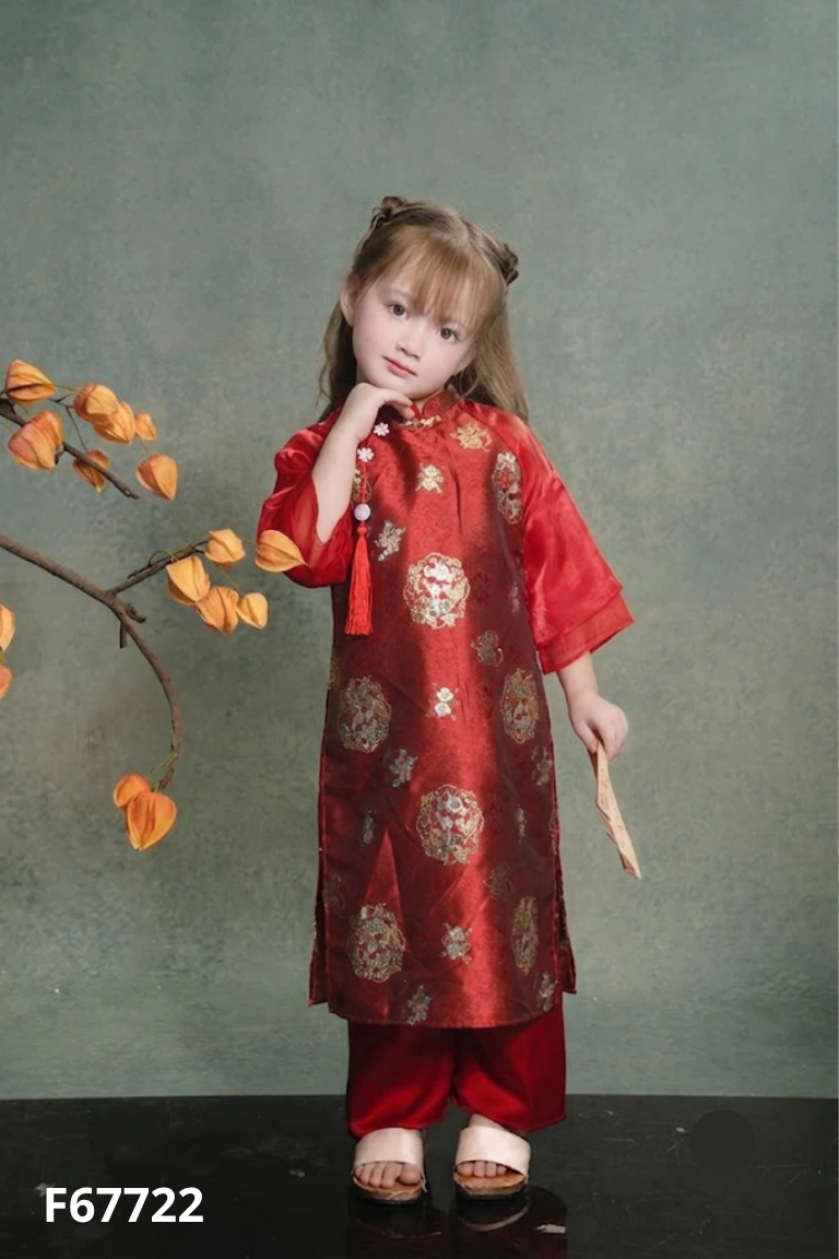 Áo dài đỏ tay phối voan