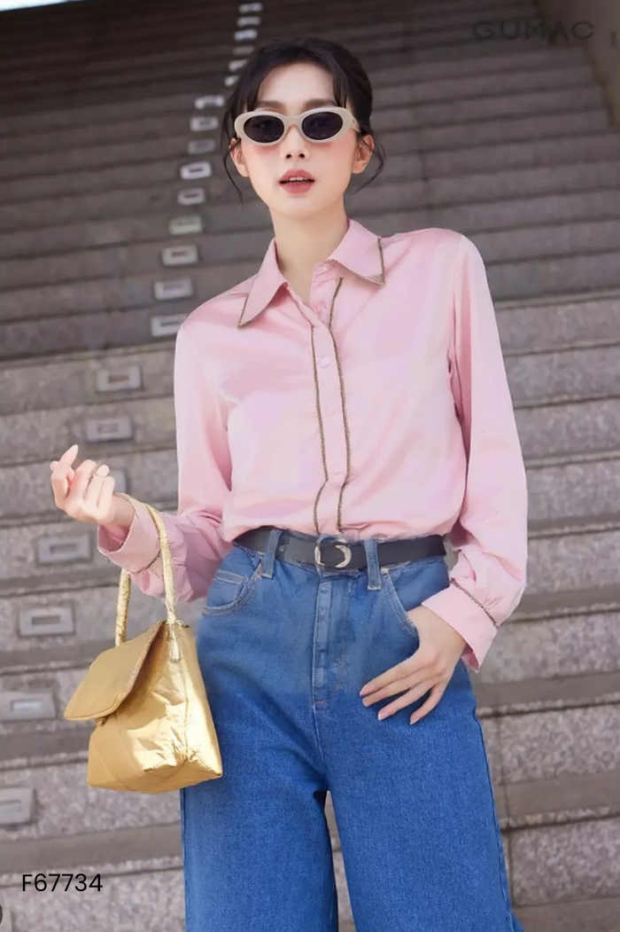 Áo sơ mi lụa hồng viền ánh vàng