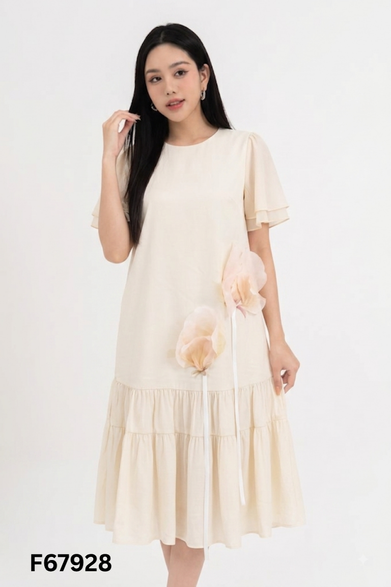 Váy lụa be IVY MODA phối hoa