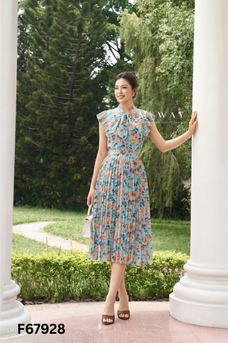 Váy lụa MY WAY xanh hoa xếp ly