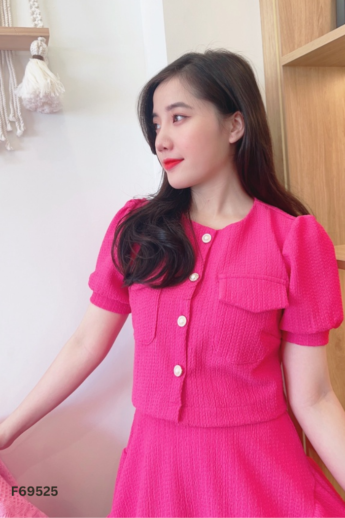 Set Áo KANEL hồng phối cúc + chân váy
