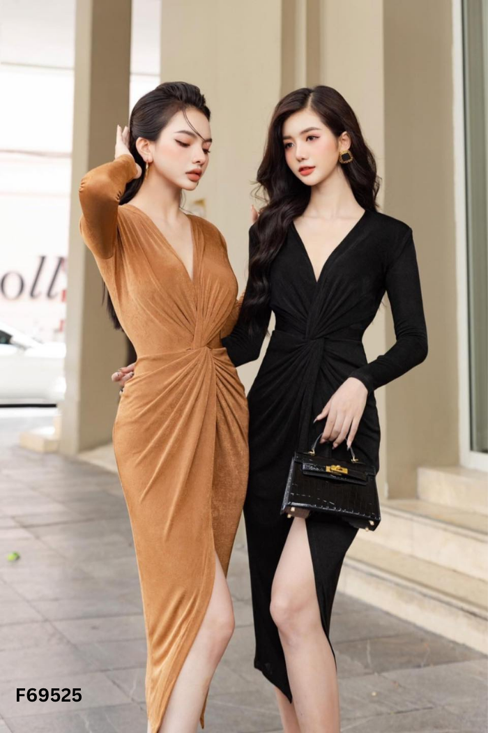 Váy nâu be xoắn eo