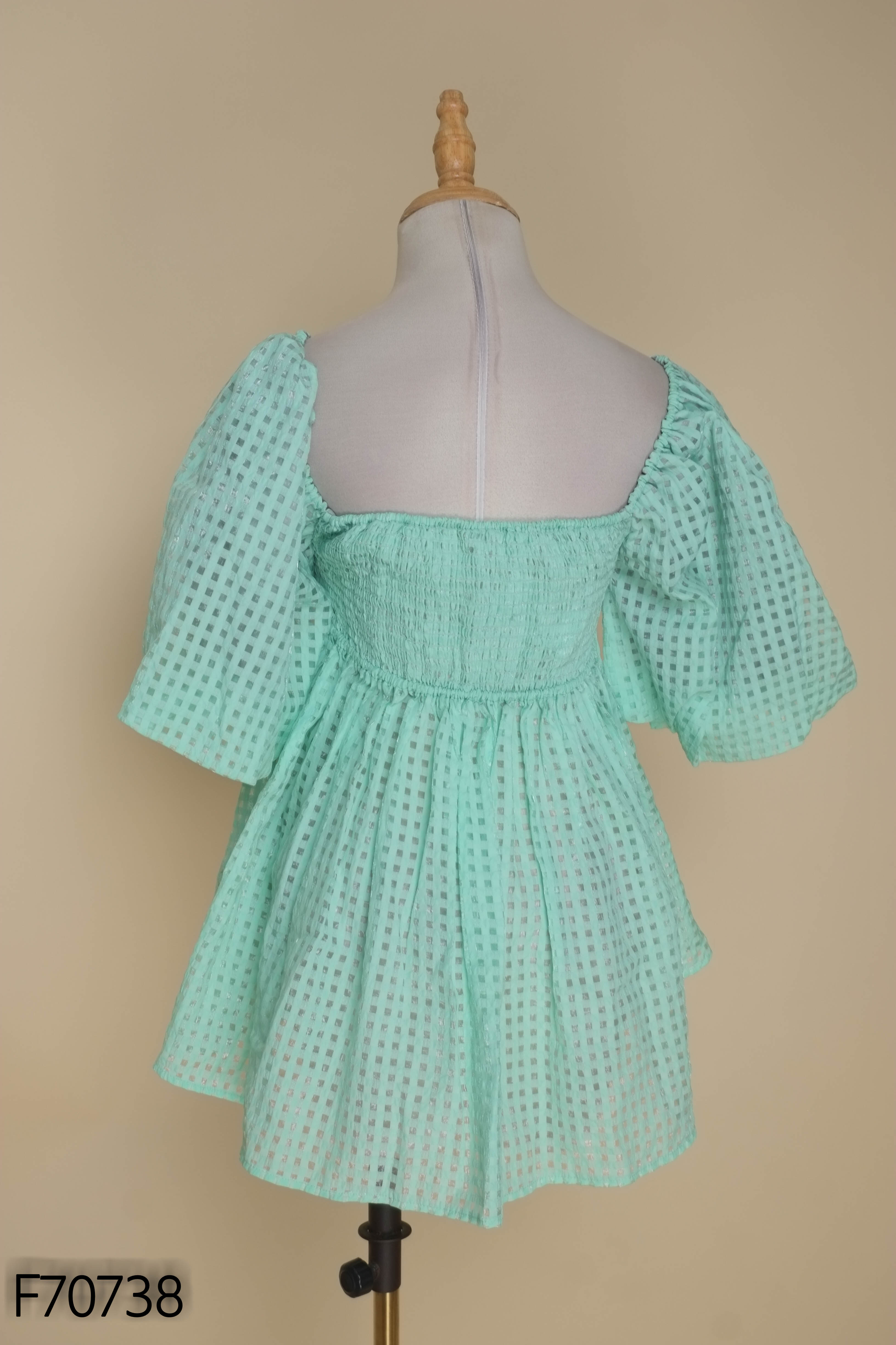 Áo babydoll xanh caro tay bồng