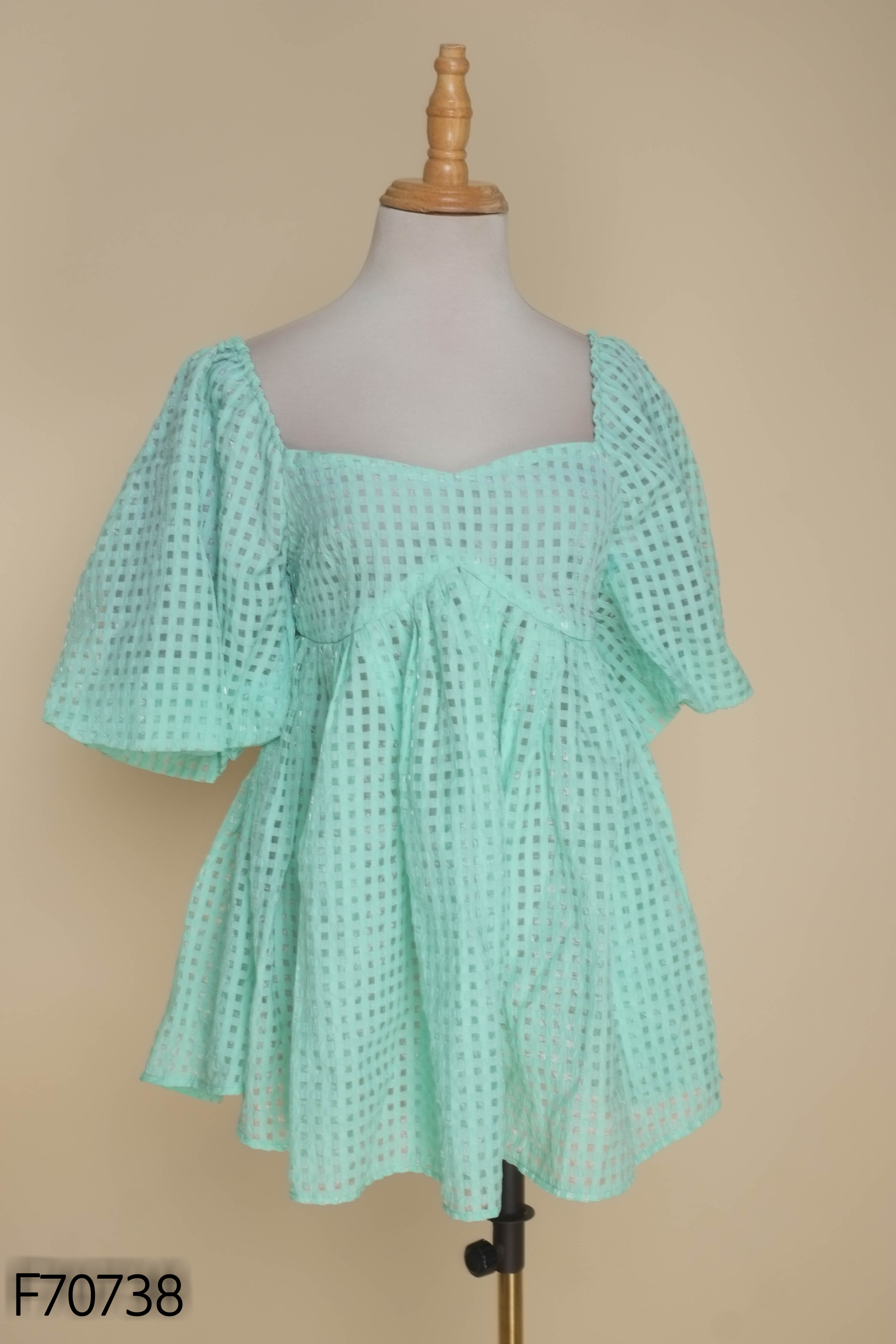Áo babydoll xanh caro tay bồng