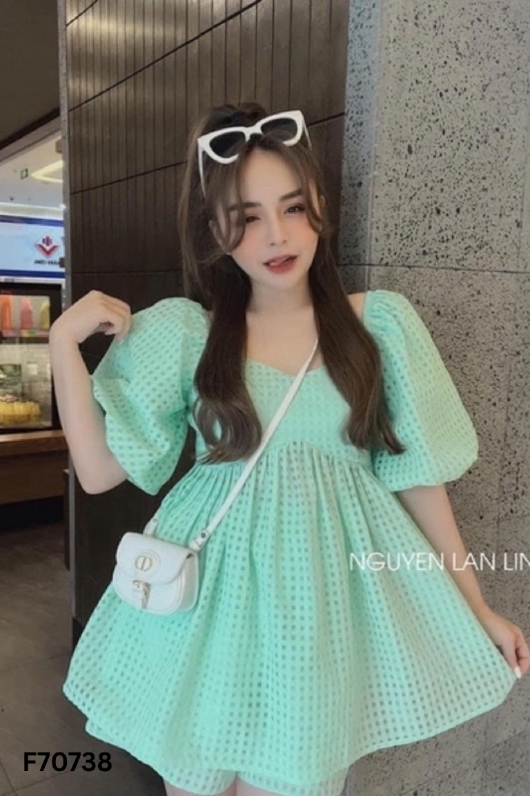 Áo babydoll xanh caro tay bồng
